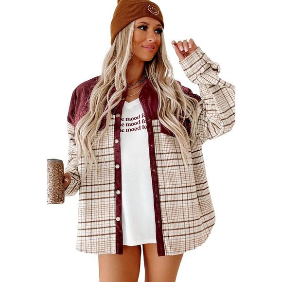 Azura Exchange  Red Plaid Patchwork Button-up Shift Shirt Jacket - Picture 5 of 6